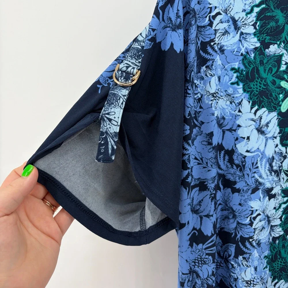 JM Collection Womens L‎ Blue Floral Mosaic Top Split Sleeve V-Neck Blouse NEW